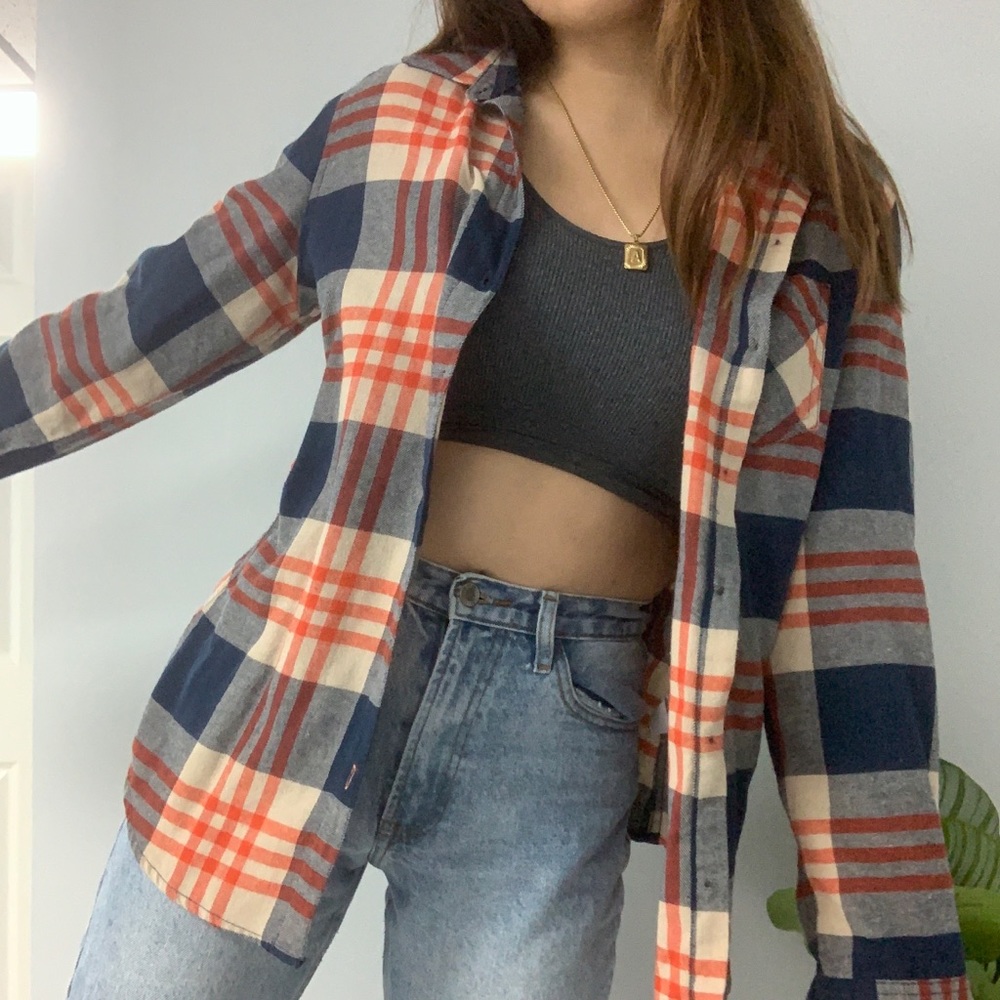 red tan and blue oversized flannel